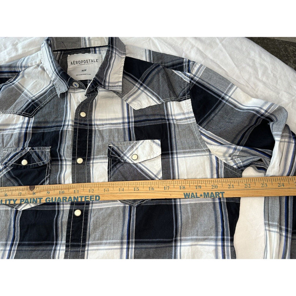 Aeropostale Black/White/Grey Medium Western Plaid Shirt Pearl Snap Long Sleeve - Picture 6 of 12